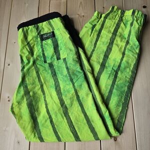Vintage Street Wear 90s Retro Neon Green Striped Mens Nylon Pants Size Large